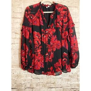 Cato Top Womens 14/16W Red Dark Romantic Floral Ruffle Balloon Sleeve Plus Flowy